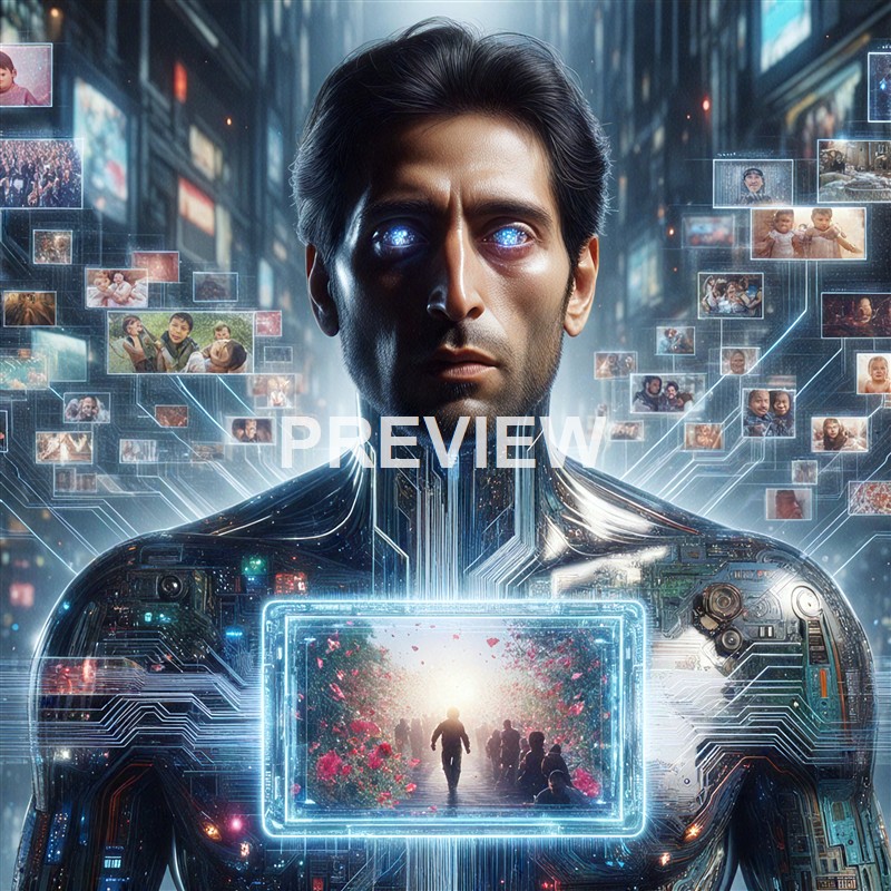 A humanoid figure with a cybernetic body and glowing blue eyes, surrounded by floating digital images and holographic screens in a high-tech environment.